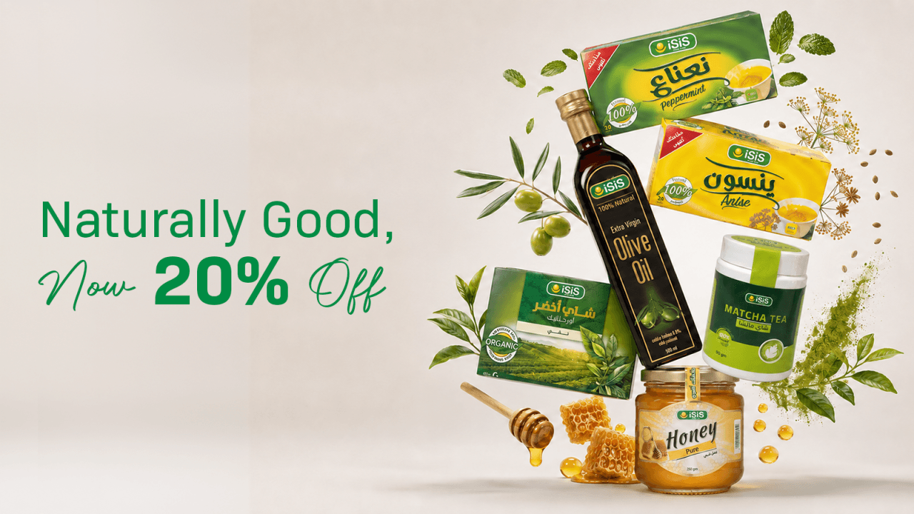 iSiS honey, olive oil, green tea, matcha, peppermint and anise packs with the line “Naturally Good, Now 20% Off”