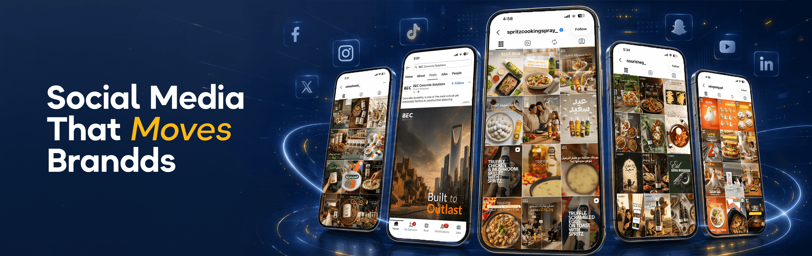 Social media that moves brands — Zeina, BEC, Spritz, Nourish, and Wingo Instagram profiles fanned out against a glowing tech backdrop.