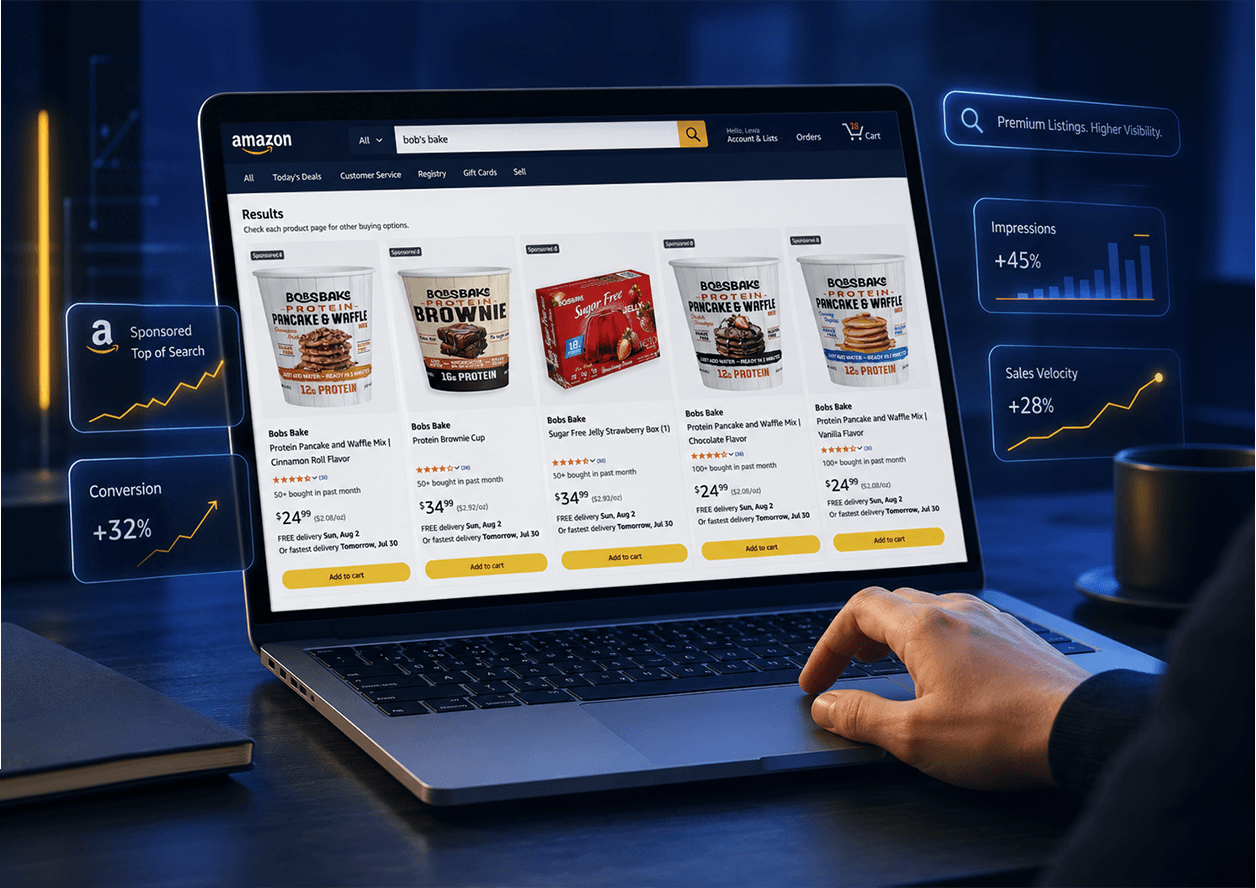 Amazon search results for Bobs Bake protein mixes shown on a laptop, with Sponsored placement, impressions, conversion and sales-velocity callouts.