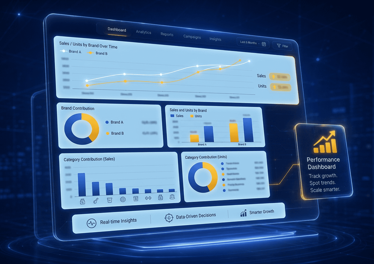 Performance dashboard showing sales and units by brand over time, brand and category contribution charts, and real-time insight panels.