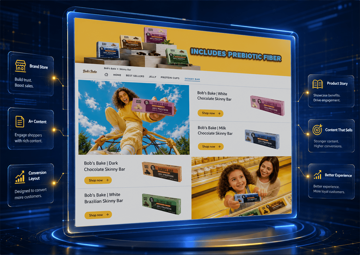 A Bob's Bake Amazon Brand Store page with A+ content, product tiles and Shop now buttons, ringed by brand store, product story and conversion callouts.