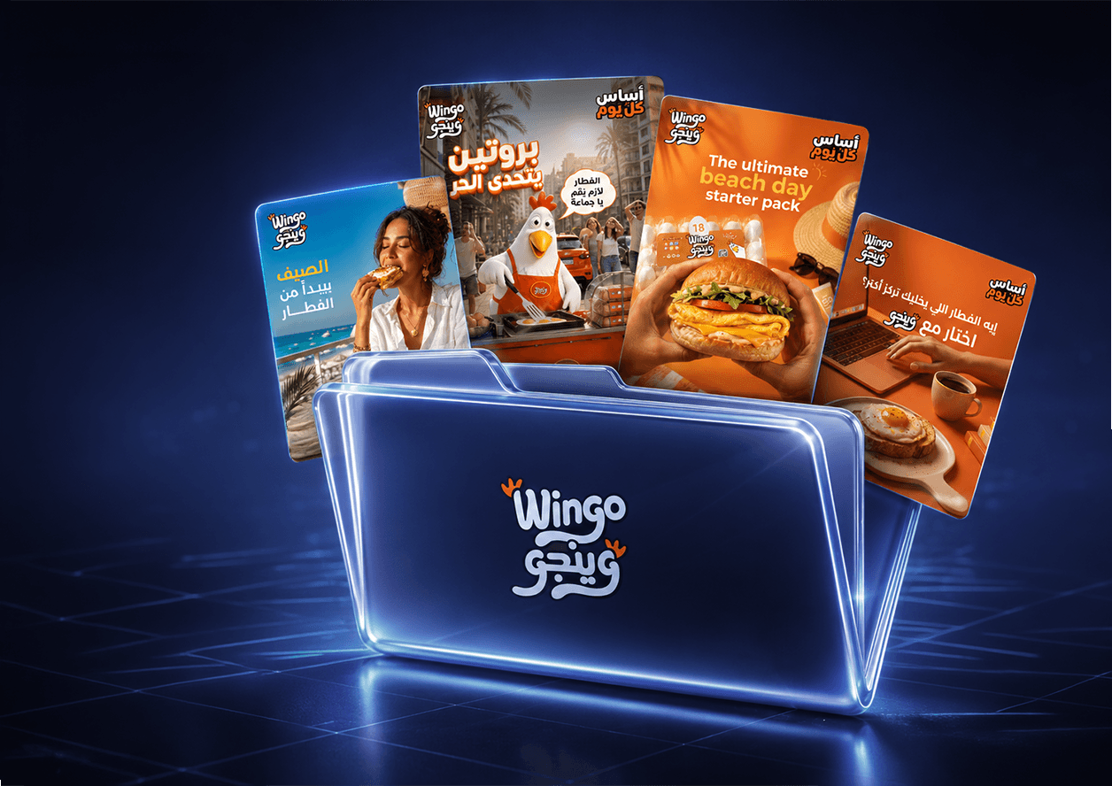 Wingo brand campaign assets fanned from a branded folder — a summer beach-day starter pack, a protein-led mascot campaign, and breakfast-moment social content.