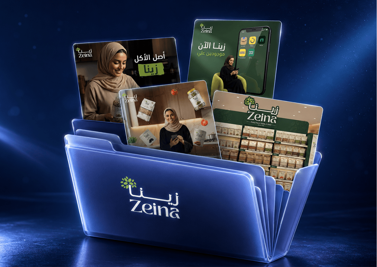 Zeina brand campaign assets fanned from a branded folder — a spice-jar lifestyle shoot, a mobile ordering screen across grocery delivery apps, and an in-store retail display.