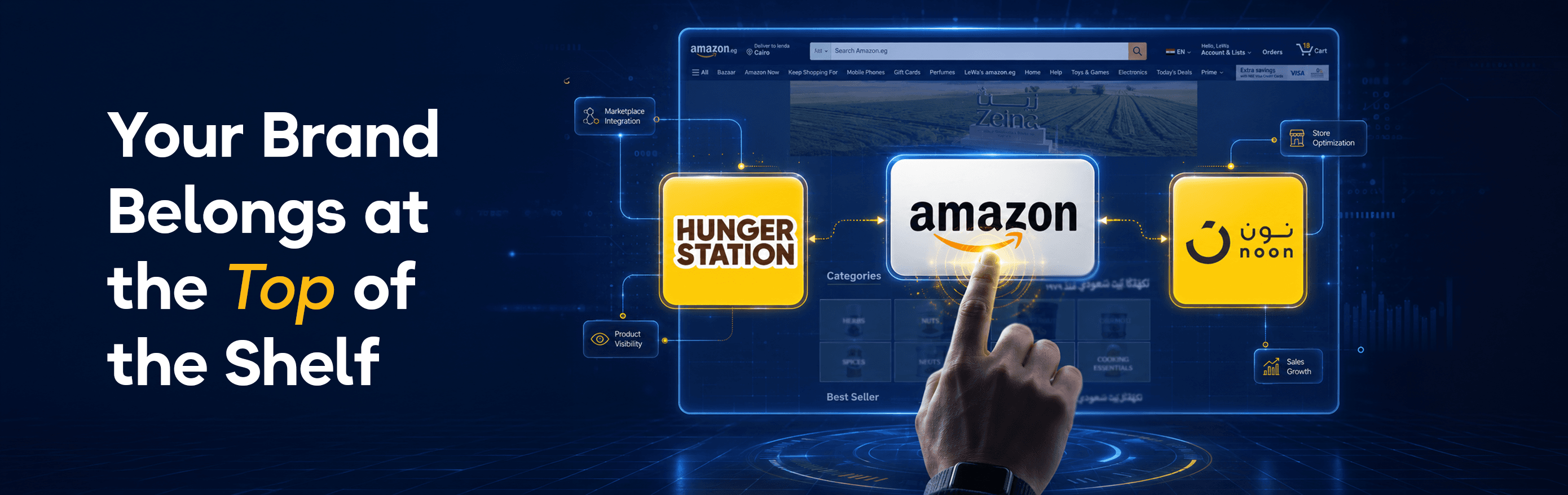 Your brand belongs at the top of the shelf — Amazon, HungerStation, and noon storefronts connected around marketplace integration, store optimization, and sales growth.