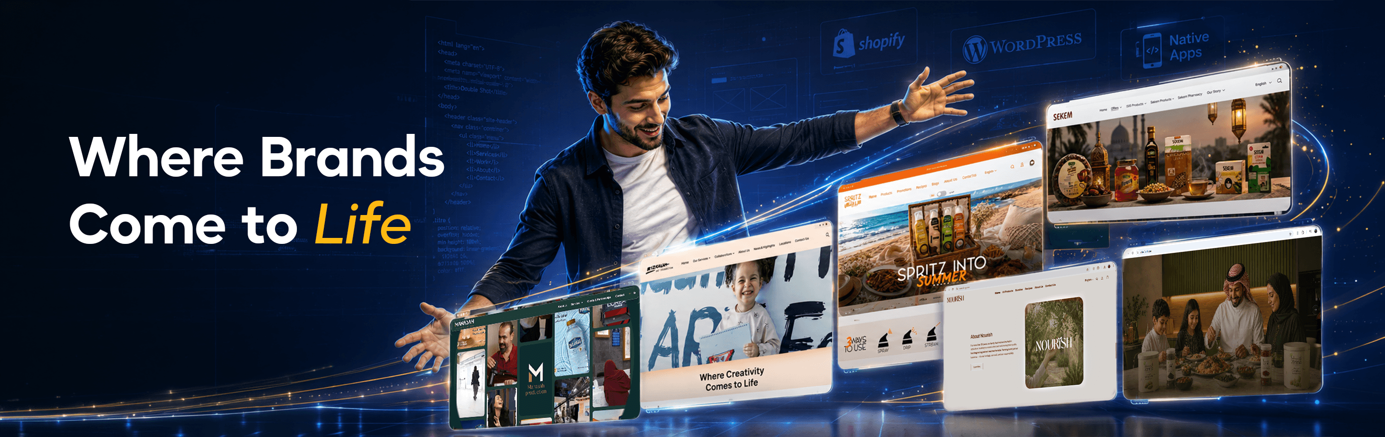 Where brands come to life — Shopify, WordPress and native app builds shown as live storefronts for Sekem, Spritz, Nourish and more.